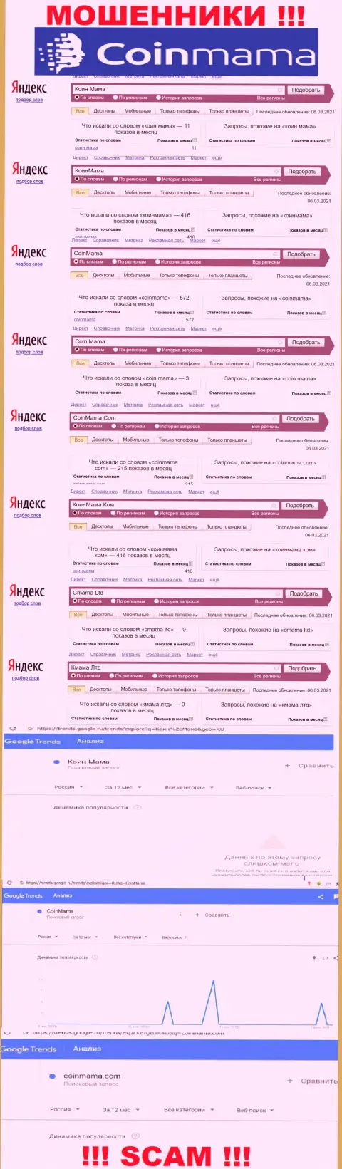 Статистические показатели интернет запросов по бренду мошенников CoinMama Com