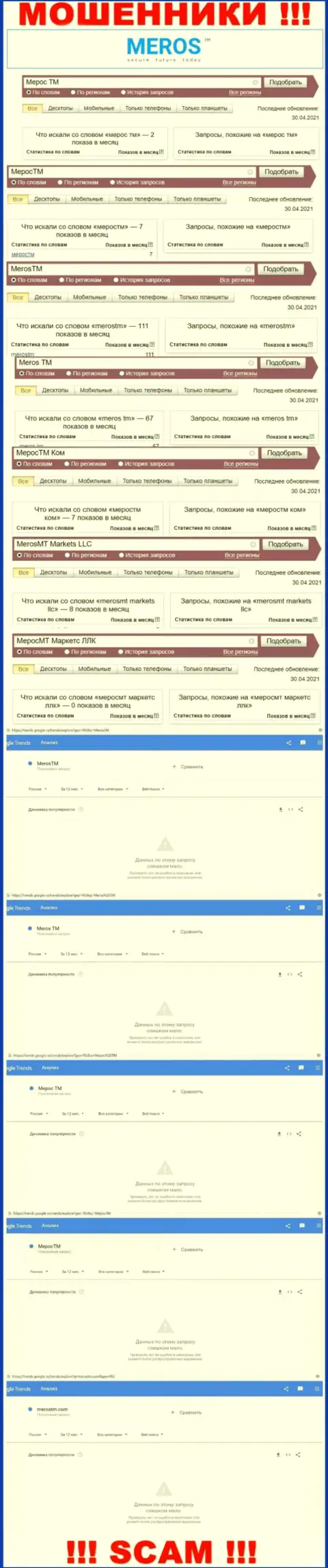 Подробная инфа по количеству запросов по мошенникам МеросТМ в инете