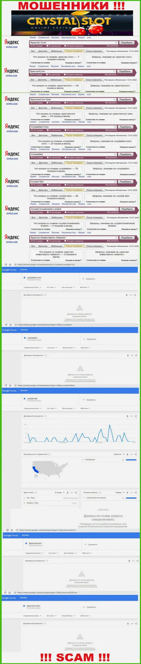 Количество online-запросов в поисковиках интернета по бренду мошенников КристалСлот